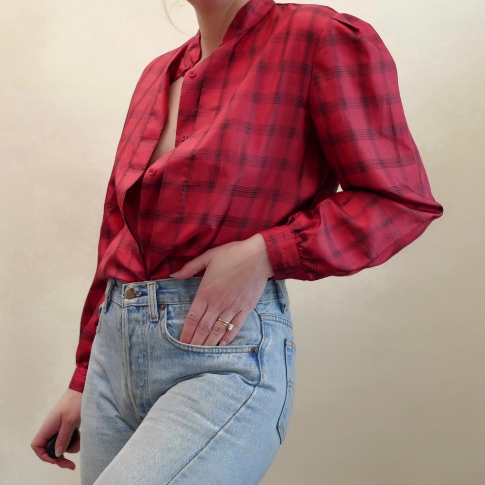 vintage red checkered plaid puff sleeve top